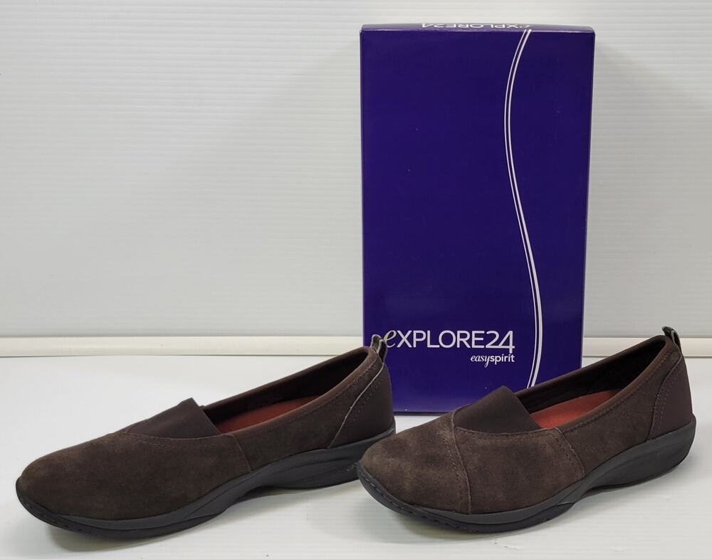 *E) Easy Spirit Eslynette Explore 24 Brown Suede Slip-On Shoes Women Size 8.5M